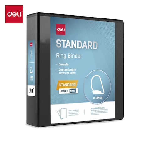 Deli Std Duty View Binder 2in, Letter, D-Ring, PVC-Free, Black, 6PK CF569-BK