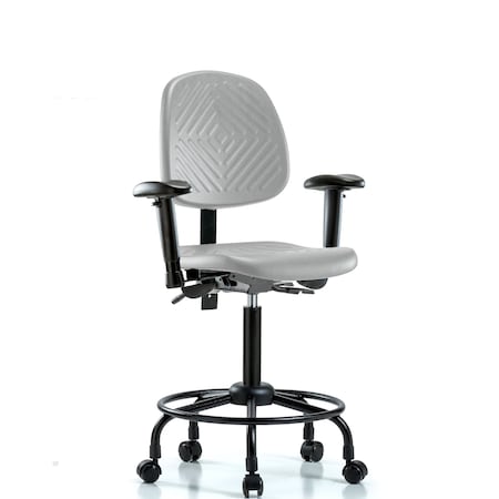 Blue Ridge Ergonomics Poly Chair with Round Tube Base-Medium Bench Ht with Medium Back, Adj Arms, &Casters in Gray Poly PMBCH-MB-RT-T0-A1-RC-GRY