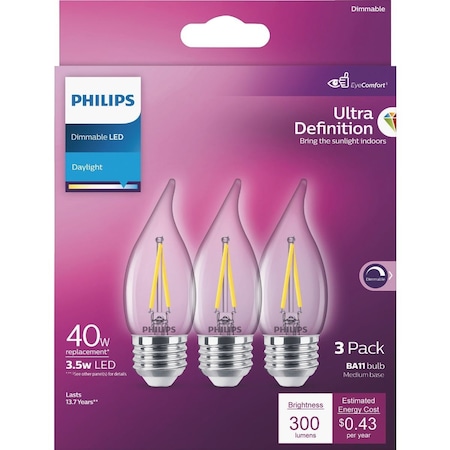 Signify Ultra Definition 40W Equivalent Daylight BA11 Medium LED Decorative Light Bulb, 3PK 564948