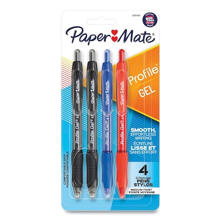 Paper Mate Profile Gel Pen, Retractable, Medium 0.7 mm, Assorted Ink and Barrel Colors, 4PK 2095469