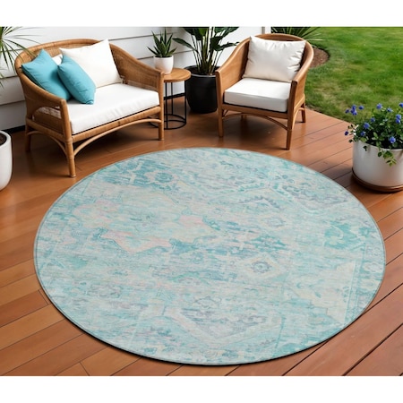 Homeroots 8' Teal Blue And Pink Round Floral Medallion Washable Indoor Outdoor Area Rug 616636