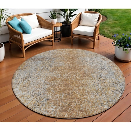 Homeroots 8' Terra Cotta Silver And Charcoal Round Oriental Washable Indoor Outdoor Area Rug 588848