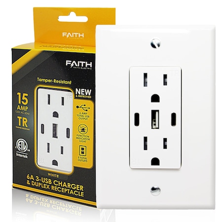 Faith USB Receptacle Outlet White, 15A 30-Watt with 2 Type C, 1 Type A USB Charger and Standard Wallplate UC2A1-15A6AP