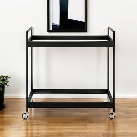 Homeroots 33" Black Steel and Glass Rolling Bar Cart 530445