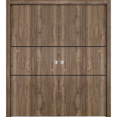 Sartodoors Sliding Closet Double Bi-fold Doors, Planum 0014 Walnut and Aluminum Strips, Sturdy Tracks Moldings PLANUM0014DBF-WLN-72 x 84 (4* 18x84)
