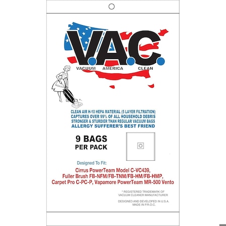 Vacuum America Clean Cirrus Power Team Model C-VC439, Carpet Pro C-PC-P, Vapamore Power Team MR-500 Vento, 9PK VAC 35