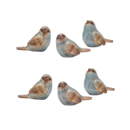 Homeroots Set of Six 3" Blue And Brown Polyresin Bird Figurine Tabletop Sculpture, 6PK 518144