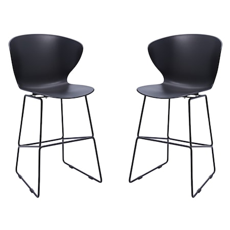 Homeroots Set of Two 30" Black Heavy Duty Plastic and Metal Low Back Bar Height Bar Chairs, 2PK 555094