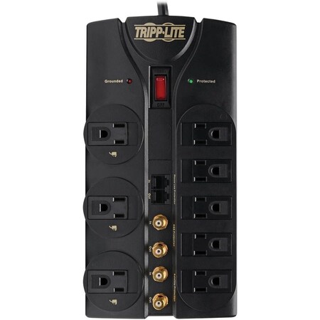 Tripp Lite Outlet Strip, Surge, Tel/Fax/Modem/Coax Protection, 5-15R, 5-15P, 6 ft., Black TLP810SAT