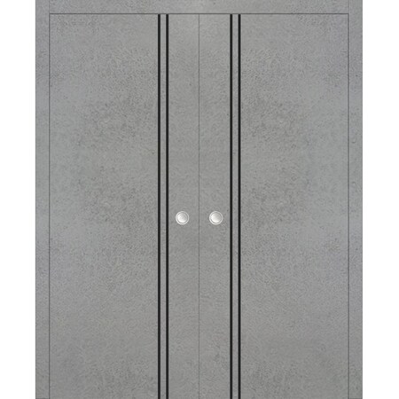 Sartodoors Modern Double Pocket Doors, Planum 0016 Concrete and Aluminum Strips, Kit Trims Rail Hardware, Soli PLANUM0016DP-BTN-3696