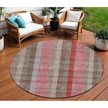 Homeroots 8' Red Pink And Pewter Round Plaid Washable Indoor Outdoor Area Rug 614001