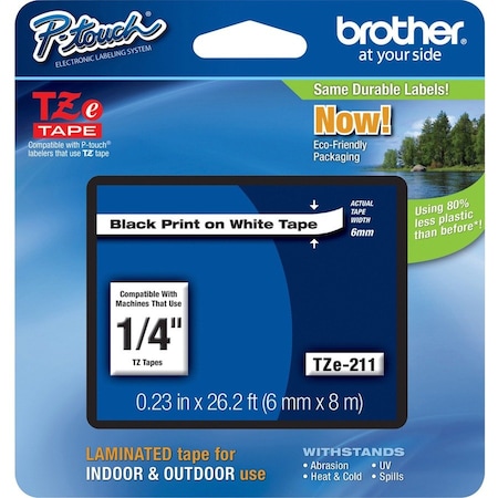 Brother Label/Ribbon Cartridge, White, Gloss, 1/4 in W TZE211G