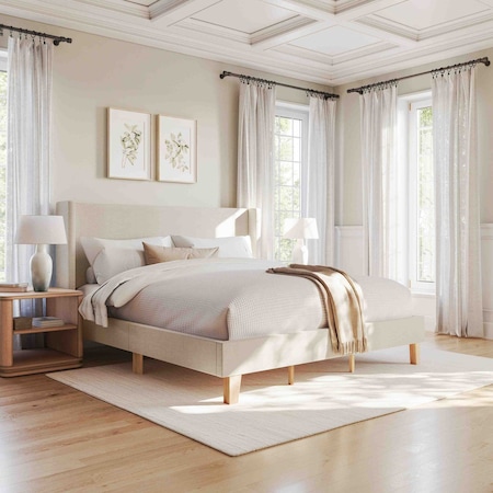 Martha Stewart Maisie King Upholstered Platform Bed, Wingback Headboard and Cushioned Siderails TW-3WDB0032-K-BG-MS