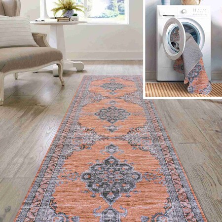 Jonathan Y Wincer Chenille Cottage Medallion Non-Slip Machine-Washable Orange/Gray 2 ft. x 8 ft. Runner Rug WSH202B-28