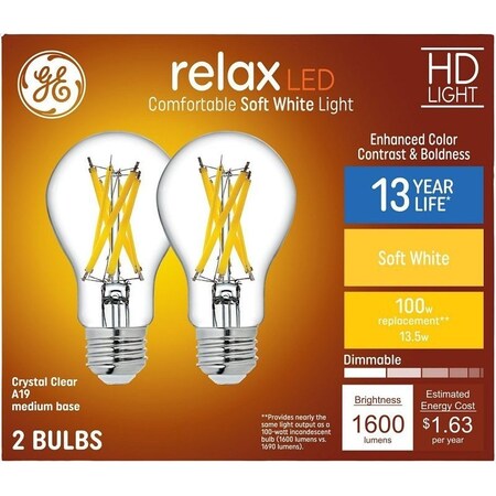 Ge Refresh Series LED Bulb, General-Purpose, A19 Lamp, 100 W Equivalent, Dimmable, 2PK 93129470