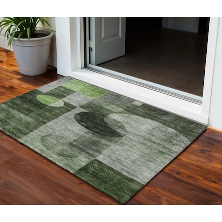 Homeroots 3' X 5' Fern Green And Gray Geometric Washable Indoor Outdoor Area Rug 604318
