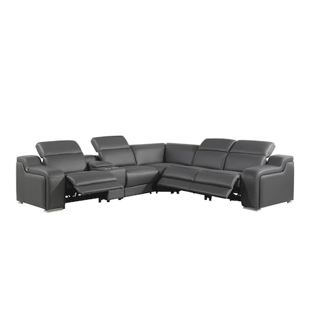 Homeroots Dark Gray Italian Leather Power Reclining L Shaped Six Piece Corner Sectional With Console 544982