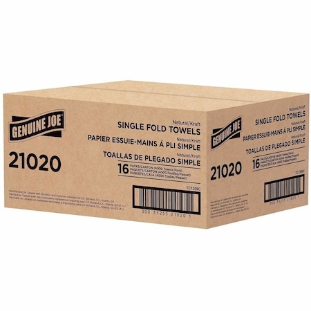Genuine Joe Genuine Joe Single Fold Paper Towels, 1 Ply, 250 Sheets, Natural, 4000 PK GJO21020