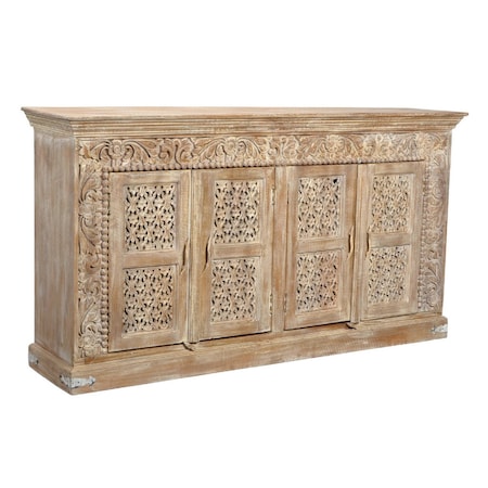 Homeroots 76in Antiqued White Distressed Solid Wood Carved Floral Sideboard with Four Doors 488629
