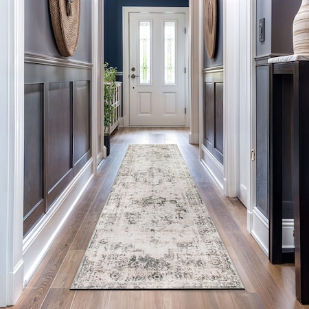 World Rug Gallery Transitional Distressed Medallion Washable Non Slip Runner Rug 2 ft x 10 ft Gray WR79GRAY2X10