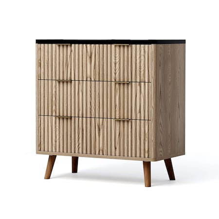 Homeroots 32in Black and Oak Solid Wood Console Accent Cabinet With Three Drawers 712212