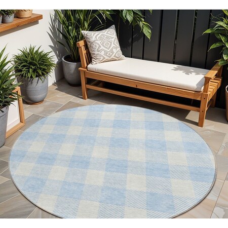 Homeroots 8' Sky Blue And Gray Round Plaid Washable Indoor Outdoor Area Rug 595435