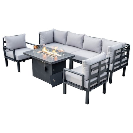 Leisuremod Chelsea 7-Piece Patio Sectional And Fire Pit Table Black Aluminum With Cushions, Light Grey CSFBL-7LGR
