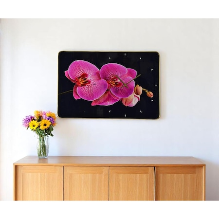 Homeroots 24" Pink Black And Gold Solid Wood and Acrylic Silent Orchids Floral Wall Clock 626572