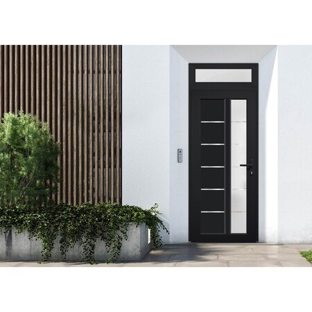 Vdomdoors Front Exterior Prehung FiberGlass Door Frosted Glass / Manux 8088 Matte Black / Transom Window / Of MANUX8088EXD-BLK-W30 x H80+14-LH