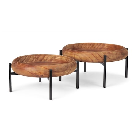 Homeroots Set of Two Brown Solid Wood Handmade Round Serving Trays With Stands 609086