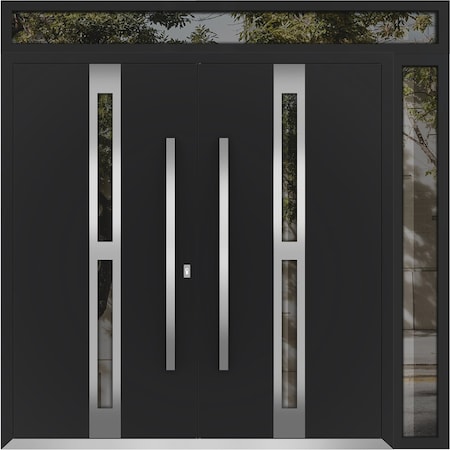 Vdomdoors Metal Double Doors Deux 1755 Black Enamel Opaque Black Glass 1 Sidelight and Top Transom Entry Mode DEUX1755DEXD-BLK-W72+16xH80+14-LH-O