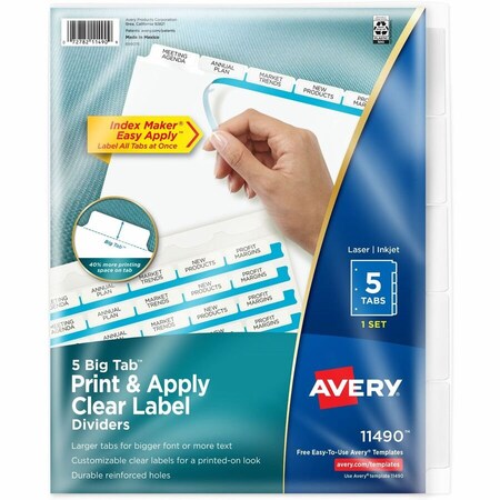 Avery Dennison Avery, PRINT AND APPLY INDEX MAKER CLEAR LABEL DIVIDERS, 5 WHITE TABS, LETTER 11490