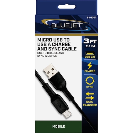 Blue Jet 3 Ft. Black Micro USB-B to Type-A USB Charging & Sync Cable BJ-1007