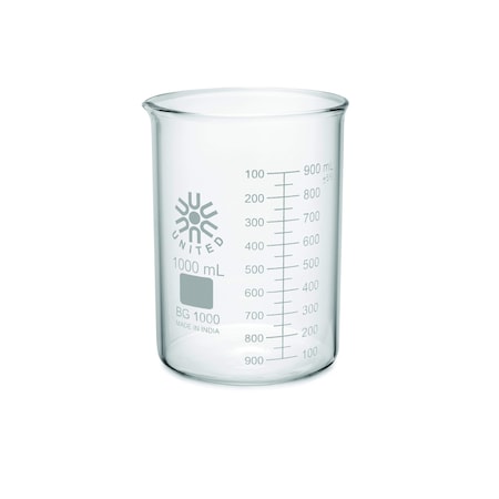 Zoro Select Beaker, Borosilicate Glass, Low Form, 1 L / 33.81 fl oz Capacity, A Type I, 6 PK BG1000-1000