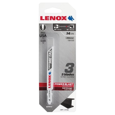 Lenox Jig Saw Blade, 3/8 in W, 3-5/8 in L, 14 TPI, 3PK 1991559