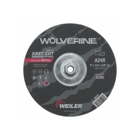 Weiler Wolverine Grinding Wheel, 9 in dia x 5/8 in-11 UNC Arbor x 1/4 in Thick, AO, 24R, 10PK 804-56470