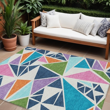 Homeroots 8' X 10' Dark Blue Green And Pink Geometric Washable Indoor Outdoor Area Rug 600411