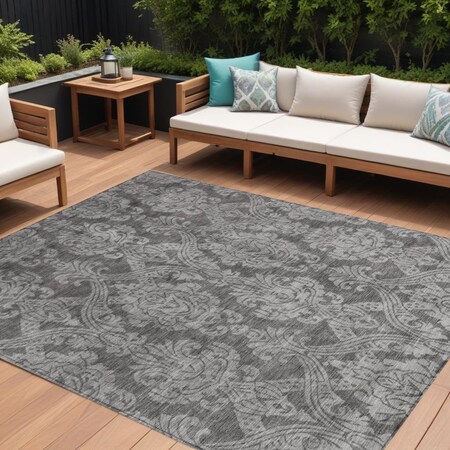 Homeroots 10' X 14' Gray And Pewter Damask Washable Indoor Outdoor Area Rug 616531