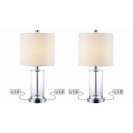 Jonathan Y Abner 21" Glass Modern Contemporary USB Charging LED Table Lamp, Chrome, 2PK JYL8500C-SET2