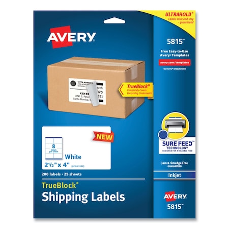 Avery Shipping Labels with TrueBlock Technology, Inkjet Printers, 2.5 x 4, White, 200PK 5815