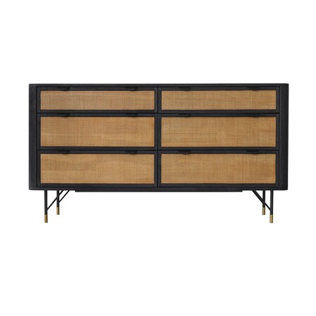 Homeroots 61" Natural and Black Solid Wood Six Drawer Double Dresser 518620