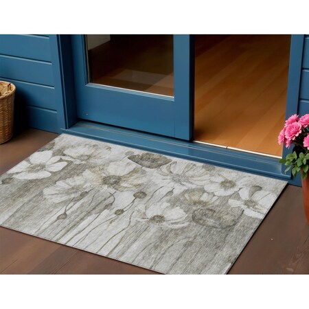 Homeroots 3' X 5' Taupe Ivory And Tan Floral Washable Indoor Outdoor Area Rug 582782