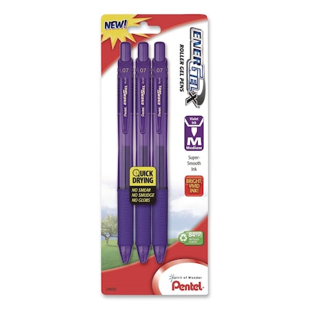 Pentel EnerGel-X Gel Pen, Retractable, Medium 0.7 mm, Violet Ink, Translucent Violet/Violet Barrel, 3PK BL107BP3V