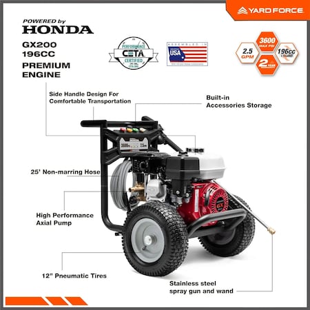 Yard Force Honda 3600 PSI Gas Pressure Washer YF3600-H