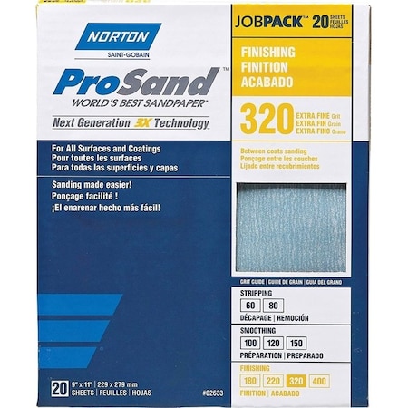 Norton Co ProSand 07660768166 Sanding Sheet, 11 in L, 9 in W, Extra Fine, 320 Grit, Aluminum Oxide Abrasive 2633