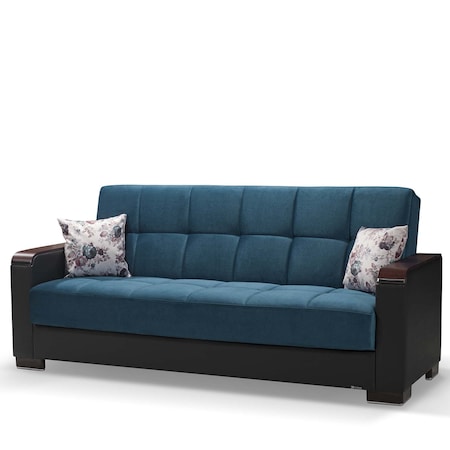 Homeroots 87" Blue Microfiber And Faux Leather Sleeper Sofa And Toss Pillows With Brown Legs 607176