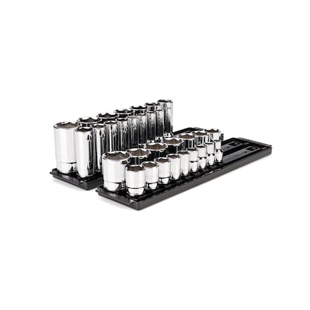Tekton 1/2 Inch Drive 6-Point Socket Set with Rails and Trays, 32-Piece 3/8 - 1-5/16 in. SHD92205