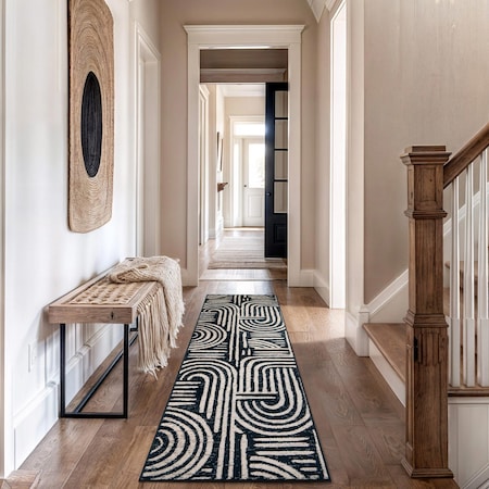 World Rug Gallery Contemporary Lines Runner Rug 2 ft 3 in x 12 ft Black WR97BLACK2X12