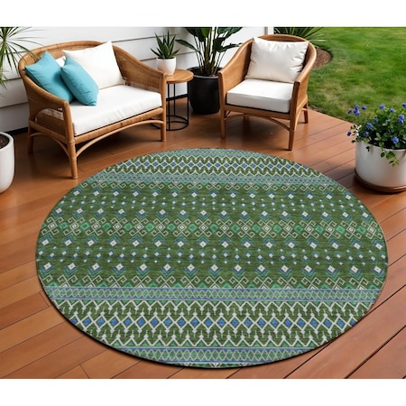 Homeroots 8' Olive Green And Blue Round Tribal Washable Indoor Outdoor Area Rug 582580