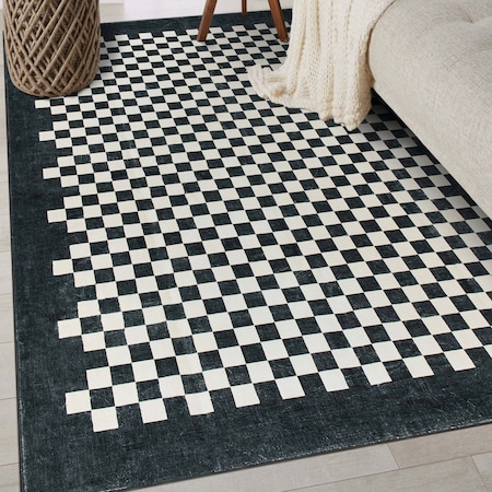 World Rug Gallery Contemporary Checkered Border Washable Non Slip Area Rug 3 ft x 5 ft Black WR81BLACK3X5